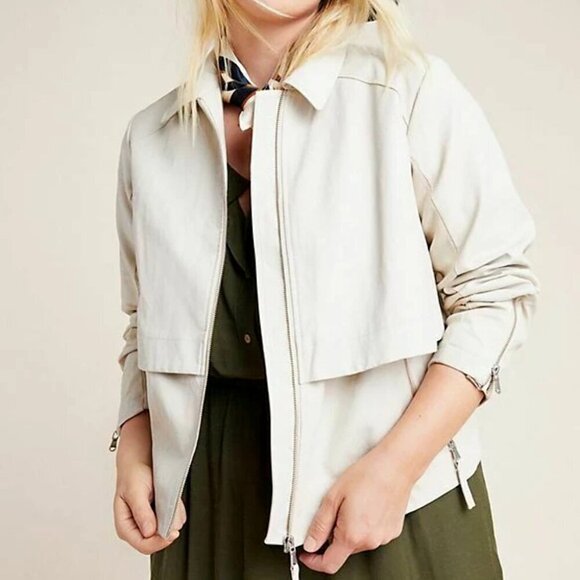 Anthropologie Anorak Jacket Crop Womens Extra Large Ivory Faux Leather Back Knit - Picture 1 of 7